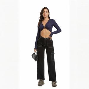 Pantalon Cargo en Denim pour Femmes Européennes Taille Haute Décontracté Jambe Droite Large Marron Foncé Streetwear Personnalisé Délavé Trou Respirant - Product Image 3