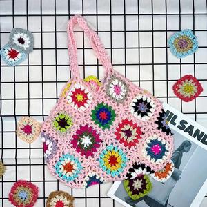 Grand-mère Plaid <span class=keywords><strong>crochet</strong></span> à la main tricoté coton main poignet <span class=keywords><strong>sac</strong></span> décontracté voyage voyage Vintage évider <span class=keywords><strong>sac</strong></span> - Product Image 4