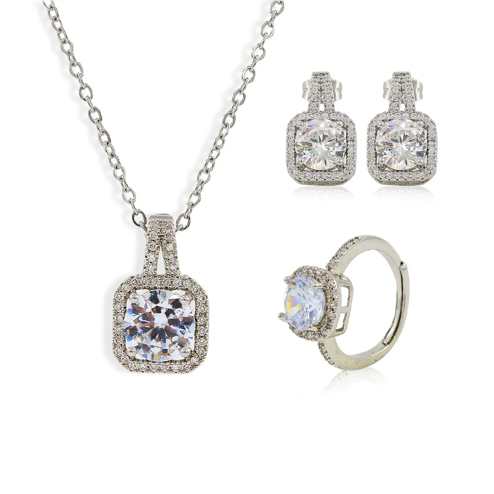 USENSET Luxury Wedding Jewelry White Gemstone Bridal Jewelry Set Delicate Cushion Cut Cubic Zircon Necklace Earrings Ring Set