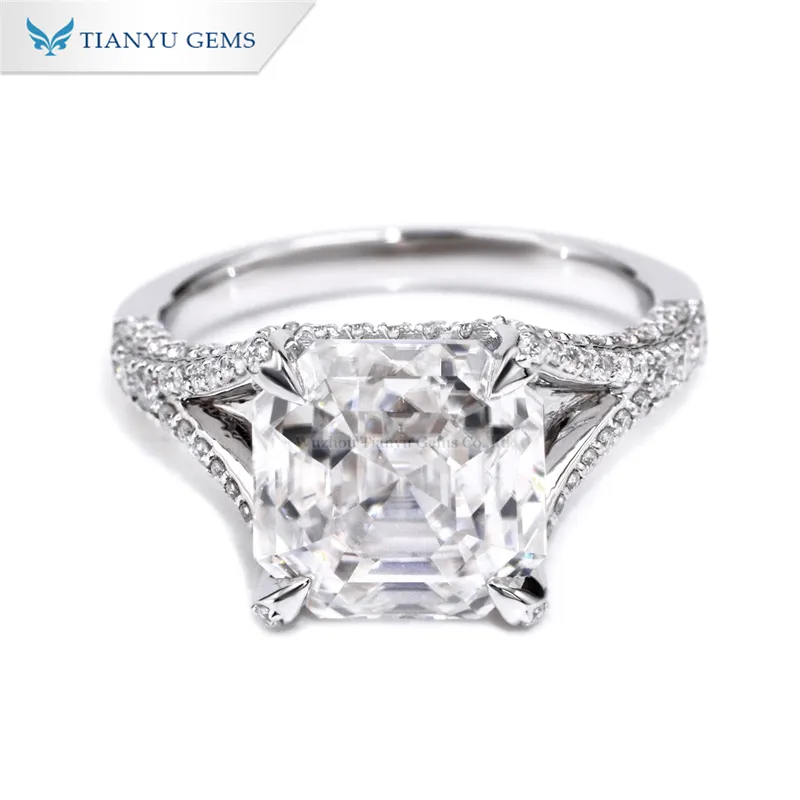 Tianyu Gems personalizado 10K oro blanco de lujo 6CT Asscher corte Moissanite anillo de compromiso para boda o regalo para mujer