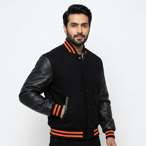 Chaqueta universitaria de béisbol con logo personalizado, chaqueta varsity negra de lujo con mangas de cuero, chaqueta Letterman para hombre - Product Image 1