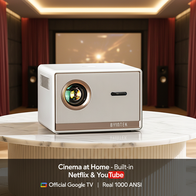 BYINTEK T5 Max Google TV Projector 1000 ANSI 4K - Official Netflix, Auto Focus, Sealed Dust-Proof Engine Smart Home Theater