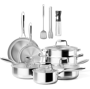 Ensemble de casseroles en acier inoxydable triple couche, sans revêtement, pour cuisson sûre, avec poignées en acier inoxydable, compatible gaz et induction - Product Image 1