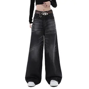 Benutzer definierte Jeans Frauen Black Monkey Wash Baggy Jeans Hose mit weitem Bein All-Match für Frau 100% Baumwolle Denim Straight Vintage