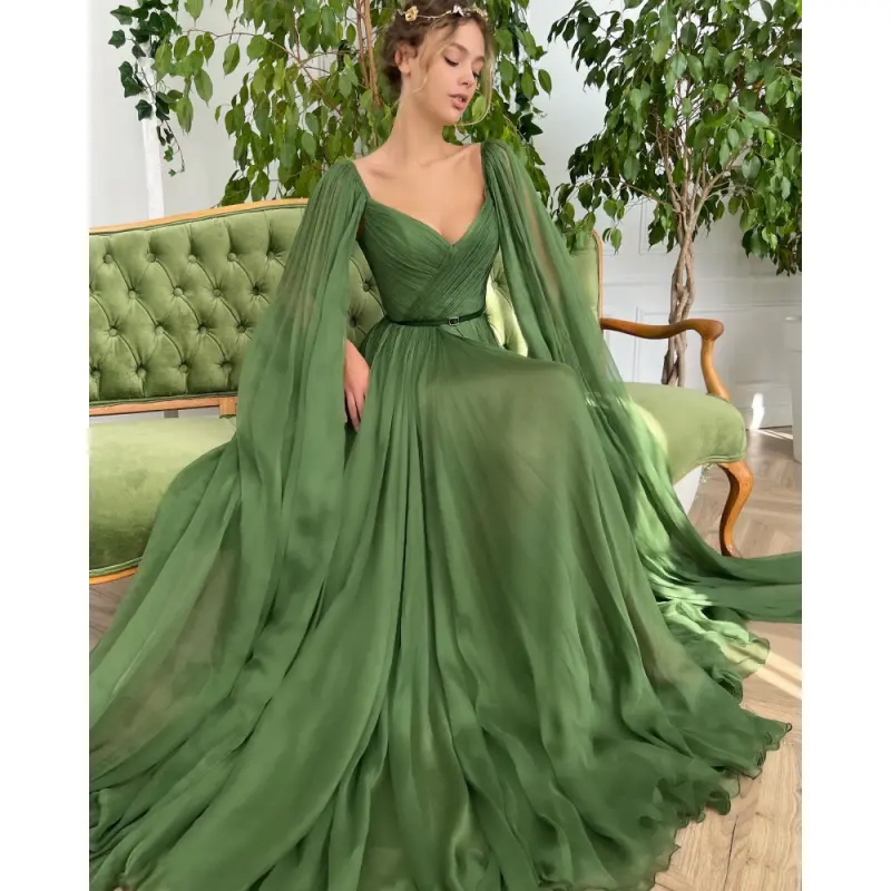 Elegant Green V-neck Ruched Belt Split Front Lace Backless A-line Prom Evening Dress Wedding Party Dress For Plus Size Women