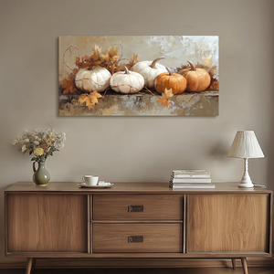 Looife Halloween automne <span class=keywords><strong>citrouille</strong></span> <span class=keywords><strong>nature</strong></span> <span class=keywords><strong>morte</strong></span> toile Art mural-citrouilles orange et blanches avec feuilles d'automne, décor rustique de Thanksgiving - Product Image 3
