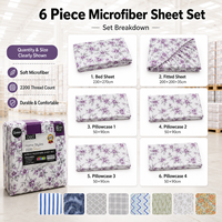 Ensemble de draps de lit King Size 6 pièces avec drap-housse à poches profondes et 4 taies d'oreiller, en microfibre imprimée, vente en gros