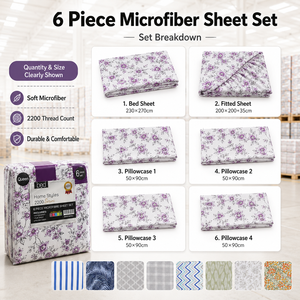 Set di <span class=keywords><strong>lenzuola</strong></span> matrimoniali (King Size) da 6 pezzi con lenzuolo con angoli profondi e 4 federe, in microfibra stampata - Ingrosso - Product Image 2