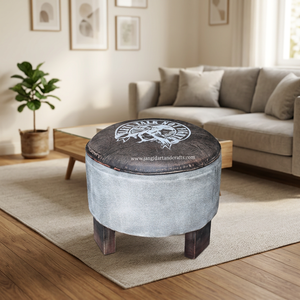 Modern Style Pu Leather Pouff & <b>Canvas</b> Ottoman Footstool <b>Wooden</b> Leg Handmade Jangid Art Crafts Living Room Home Hotel - Product Image 5