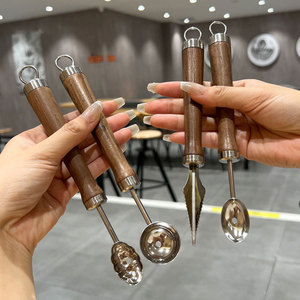 316 Stainless Steel Fruit Scoop <b>Set</b> 4 Pieces Walnut Wood Handle Multi Purpose Kitchen <b>Tool</b> For Watermelon And Vegetables - Product Image 3