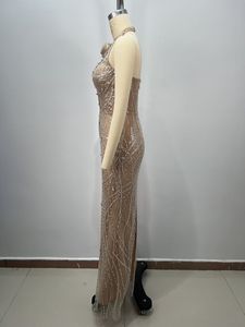 LF2385A <span class=keywords><strong>Abito</strong></span> <span class=keywords><strong>da</strong></span> Sera Elegante a Sirena <span class=keywords><strong>Monospalla</strong></span> con Perline di Cristallo Oro Champagne e Rose 3D - Product Image 4