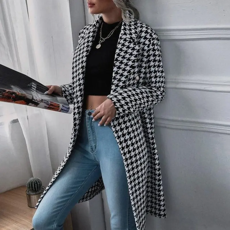 2021 Autumn Winter Fashion Female Loose Houndstooth Long Coats Casual Blends Woolen Jacket Women's Warm Wool Coat