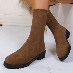 Stivali da Donna Taglia Grande Snellenti Elasticizzati Nuovi Stivali Invernali con Punta Tonda Tacco Grosso in Camoscio a Metà Polpaccio Vendita all'Ingrosso - Product Image 1