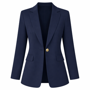 Blazer sur mesure pour <span class=keywords><strong>femme</strong></span> en lin pur <span class=keywords><strong>bleu</strong></span> <span class=keywords><strong>marine</strong></span>, avec un seul bouton doré, revers cranté, manches longues, coupe ajustée, style business décontracté - Product Image 4