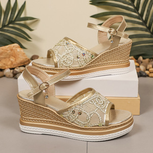 Women Big European and American Style Mesh Sequin Wedge <b>Sandals</b> Summer New Thick Sole Open-Toe Roman <b>Sandals</b> - Product Image 2