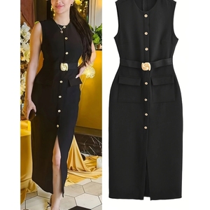 Robes élégantes sans manches à col rond et taille cintrée pour femmes, couleur unie, tendance - Product Image 1