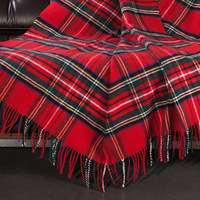 Jeté turc en laine pure de taille king, motif écossais rouge uni, avec franges, jeté tissé festif