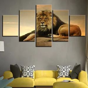 Dekorasi Rumah HD Lukisan Modular Seni Kanvas Modern, 5 Panel Hewan Singa 5 Buah