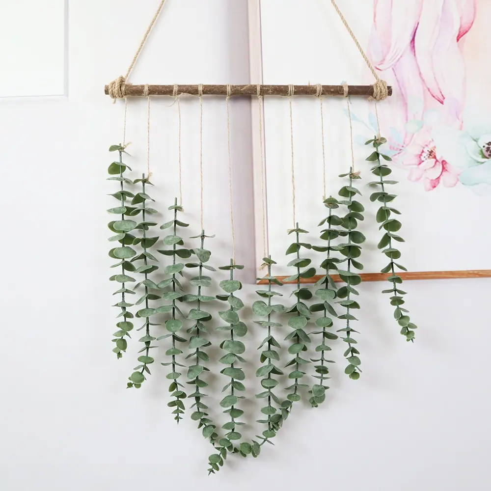 Artificial Eucalyptus Wall Hanging Decor Eucalyptus Leaves Stem Hanging With Wooden Stick For Wall Wedding Backdrop Decor