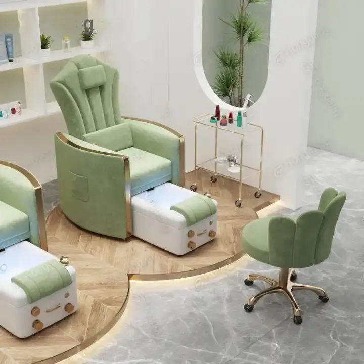 Luxury modern new electric reverse back green pedicure chair ceramic basin with light surfing function suitable for nail salons