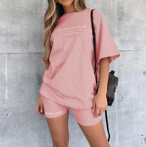 2022 New arrival fashion 2 piece set women biker short set solid colors short sleeve loose jersey cotton suit two piece set