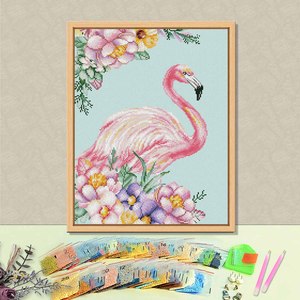 Kit de Broderie Diamant Flamant Rose avec Fleurs, Perles Rondes en Cristal, Kit DIY avec Cadre Rectangulaire Style Champêtre - Product Image 1