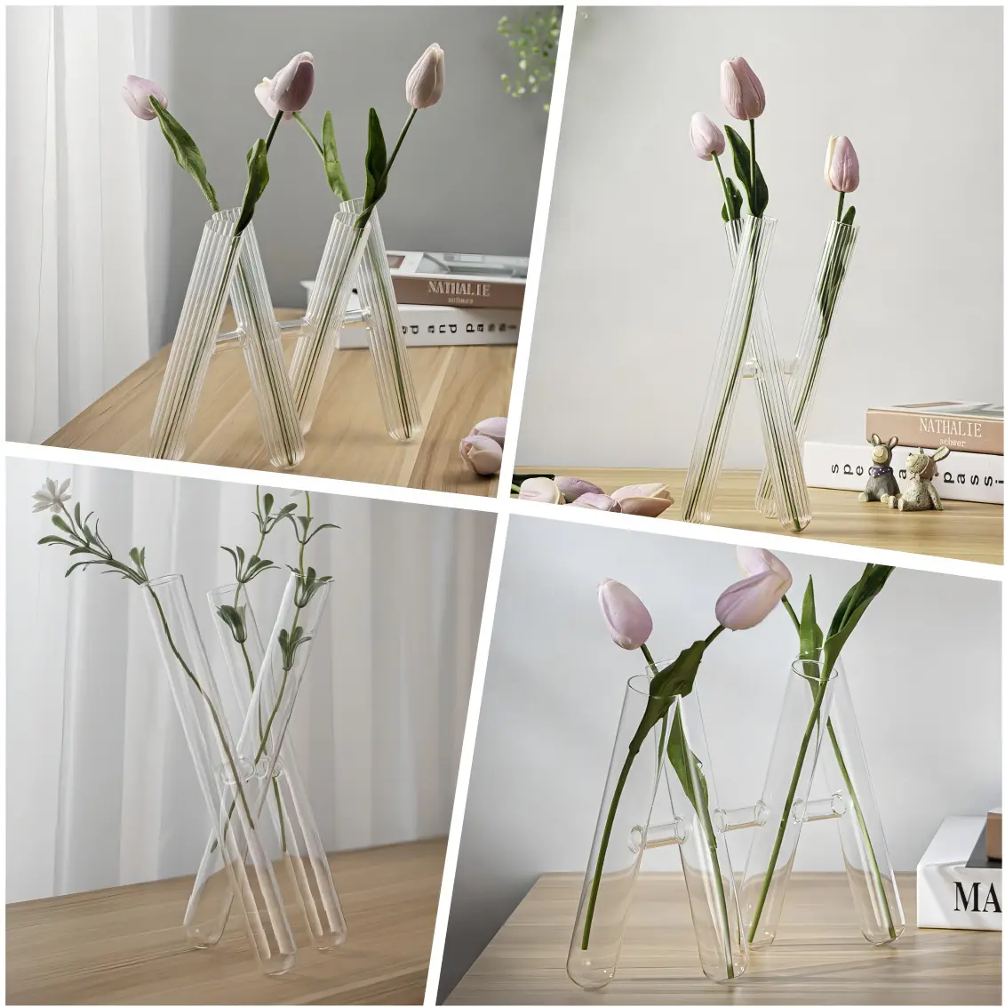 Le fabricant vend directement des pots de fleurs en verre de table modernes, décoration de vases à 3 tubes