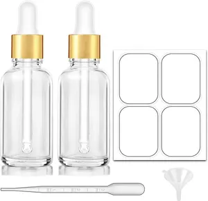 Flacon compte-gouttes en verre transparent de 1 oz avec bouchon supérieur doré pour huiles essentielles et liquides Flacons de voyage étanches