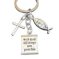 KC239 Porte-clés en alliage simple, géométrique et ajouré, avec pendentifs poisson, croix et bible, inspirant en anglais, style européen et américain, meilleure vente