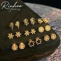 Anting-anting tusuk grosir Rinhoo dari baja tahan karat, minimalis, berbentuk bunga, hati, mawar, daun, tulip, kecil, berlapis emas, perhiasan mode.