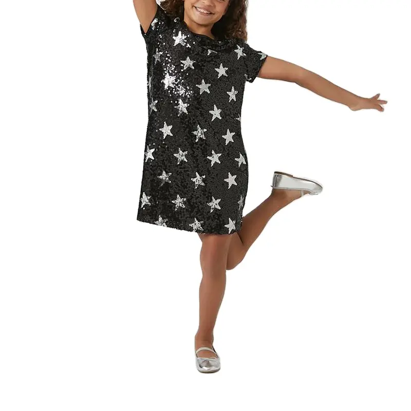 Custom Sequin Patch High Quality Kids Dress Short Sleeve Crew Neck Glitter Sequin Dress Girls Dress For Casual Wear
