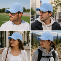Casquette de baseball bleu clair vierge en sergé de coton à six panneaux, visière incurvée, réglable, broderie de logo personnalisée, OEM, vente en gros, faible MOQ