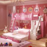 Lit superposé rose moderne pour filles avec armoire, escalier, tiroirs, bibliothèque, meubles de chambre d'enfant de luxe pour princesse
