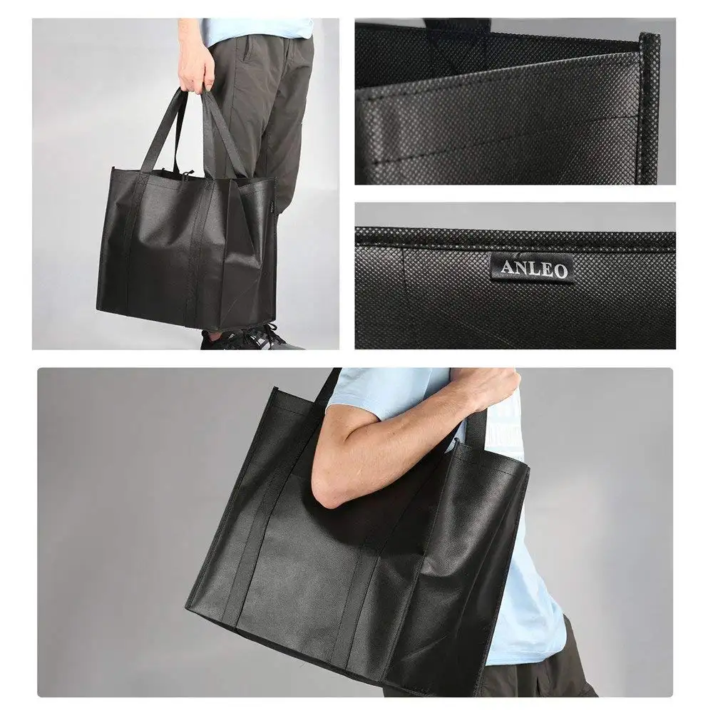 Özel logo seti 10 yeniden kullanılabilir bakkal torbaları siyah dokunmamış çanta büyük alışveriş taşıma çantası takviyeli kolları ile