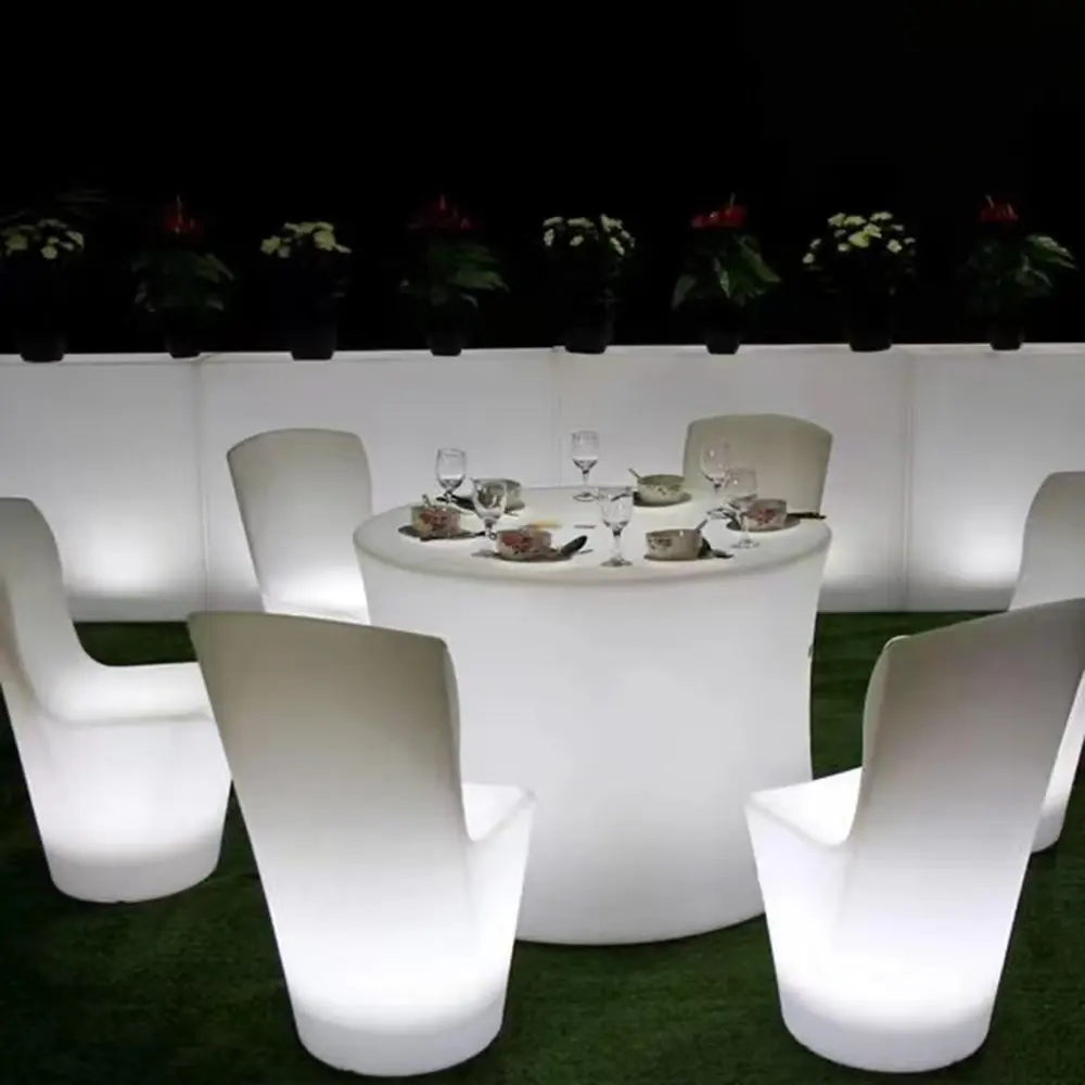 Projetos modernos Luxo Branco Plástico Bistro Restaurante Mesa e Cadeiras Set RGB Cor Led Iluminado Jardim Móveis Ao Ar Livre