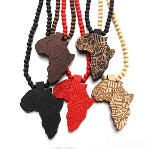 Handmade factory promotional wood bead necklace country map african alloy pendant