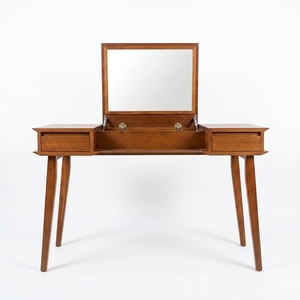 Table de toilette moderne en bois massif teck acajou Sungkai avec miroir rabattable, finition naturelle, mobilier de chambre - Product Image 1