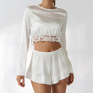 Pijamas de Seda de Hielo Satinado Suaves para Primavera/Verano, Conjunto de Dos Piezas de Ropa de Dormir Femenina y <span class=keywords><strong>Sensual</strong></span> con Ribete de Encaje - Product Image 4