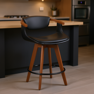 Tabouret de bar Oracle Mid-Century Modern, structure en bois de noyer, assise en similicuir noir, design stable pour utilisation au bar - Product Image 2