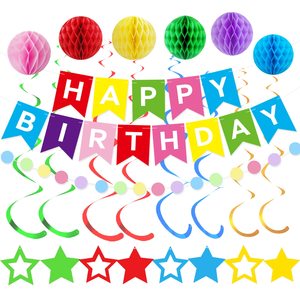 Kit de Décorations Joyeux Anniversaire Tout-en-un avec Bannière, Spirales, Boules Nid d'Abeille et Thèmes Multicolores pour Fête d'Anniversaire - Product Image 4