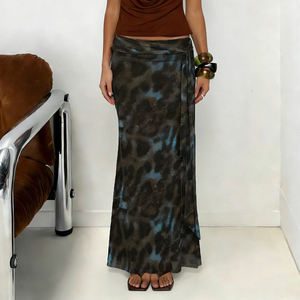 European American Style Leopard Print Mesh Knit Maxi <b>Skirt</b> for Women, Low Waist Tie Design Slim Fit Flowing <b>Long</b> <b>Skirt</b> - Product Image 1