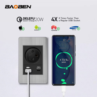 BAOBEN Prise murale grise en acier inoxydable noir, norme israélienne, avec charge rapide USB Type C, interrupteur d'éclairage, TV satellite, Tel, CAT5, CAT6