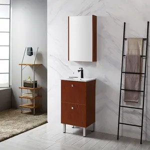 Conjunto de tocador pequeño de madera para cuarto de baño, mueble de baño con lavabo de cerámica, con espejo