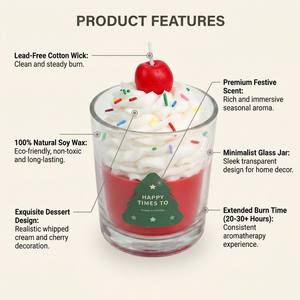 Luxury Cherry <b>Topped</b> Whipped Cream Dessert Scented Soy Wax Candle For Modern Bakery Decor Wholesale Private Label Premium Set - Product Image 3