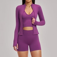 Ensemble de yoga sans couture 3 pièces : soutien-gorge de sport, short taille haute à col en V, veste à manches longues – Tenue de sport ultra-élastique pour l'entraînement, la course et le fitness