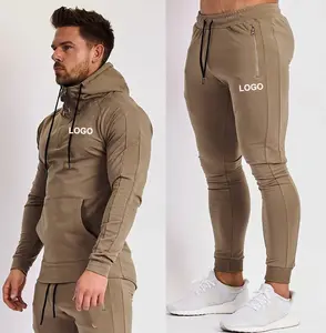 Custom Activewear Gym Fitness Set Cotton Hoodies Sweat Suits Plain Men Two Piece Set Workout Tracksuit Half Zipper Hoodie Set