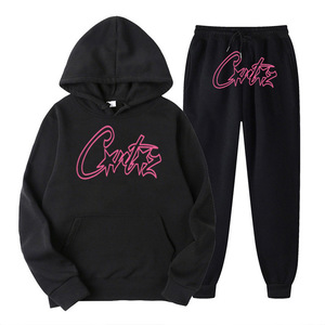 Ensemble sweat à capuche et jogging imprimé lettres noir et rose en polyester et coton, survêtement streetwear pour adultes - Product Image 6