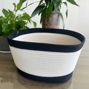 Houseware Cotton Rope Storage Basket Woven Cotton Rope Storage Basket Black Bottom Cotton Rope Laundry Basket With Handles
