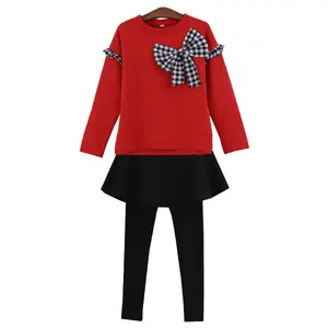 Plus Size Children Clothes Girl's New Sweet Bowknot Long-Sleeved T-Shirt Culottes Two-Piece Set