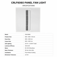 مروحة سقف CRLF6060 مقاس 600×600 ملم مع إضاءة LED مزدوجة 48 واط + تهوية، محرك تيار مستمر بدون فرش 25 واط، تصميم نحيف للغاية 95 ملم للتركيب المسطح